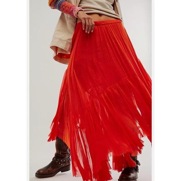 New Free People FP One Clover Skirt Maxi Mid Rise Rise Flowy Orange Small - Picture 1 of 9